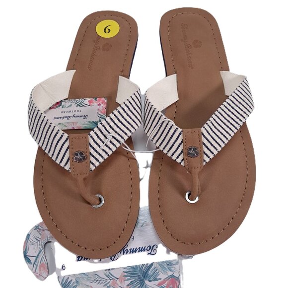 NWT Tommy Bahama Speedwell Sandals Women 9 Tan White with Blue Stripe Flip Flops - Picture 2 of 4